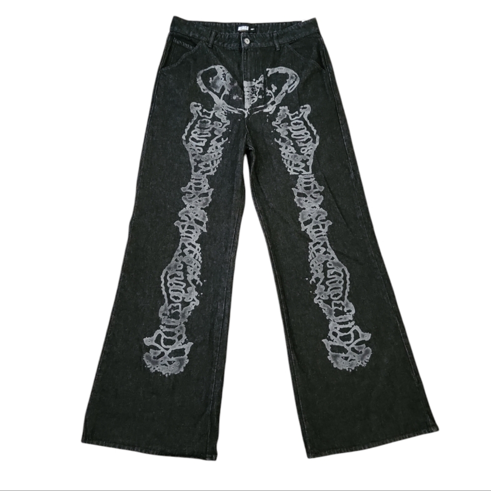Minga London Bones Black Washed Denim Jeans Skeleton Print Wide Baggy Leg SZ 36 - Picture 3 of 16